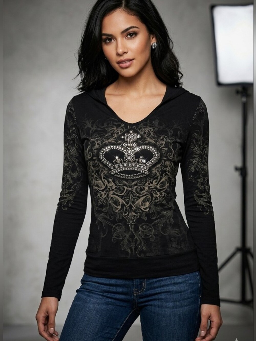 Vegas Royalty Y2K Studded Crown V-Neck Hoodie Top - Black, Small